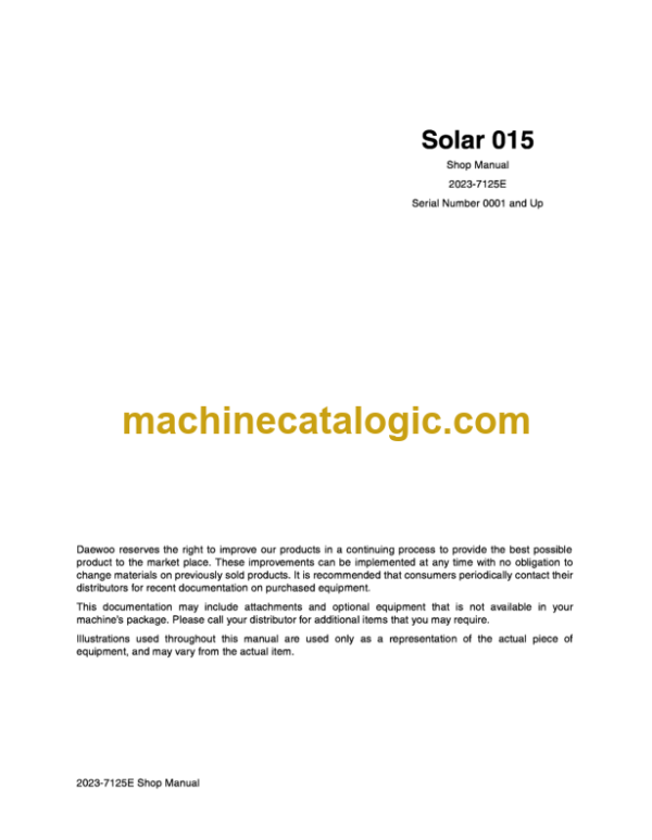 Doosan Solar 015 Excavator Shop Manual (Serial Number 0001 and Up)