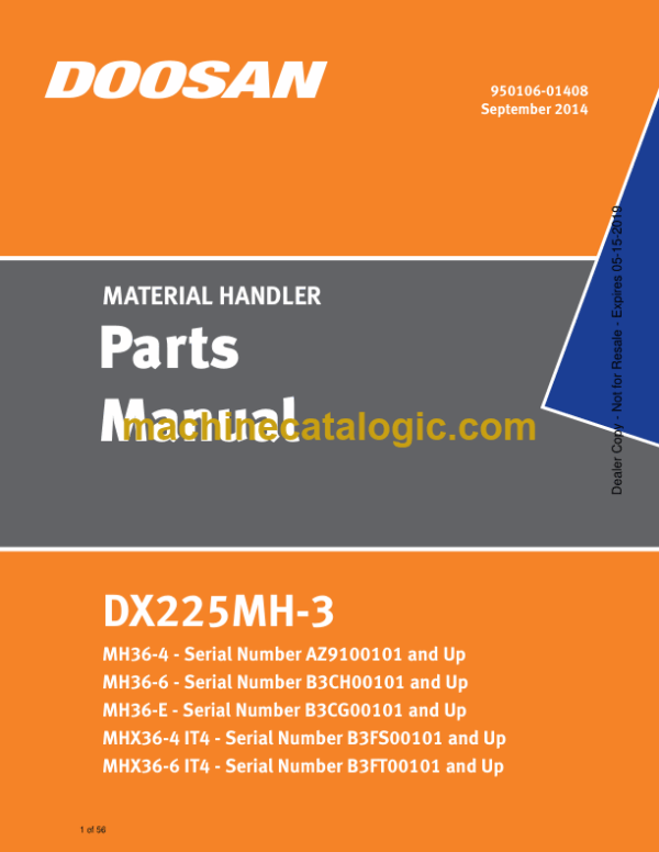 Doosan DX225MH-3 Material Handler Parts Manual (AZ9100101, B3CH00101, B3CG00101, B3FS00101, B3FT00101)