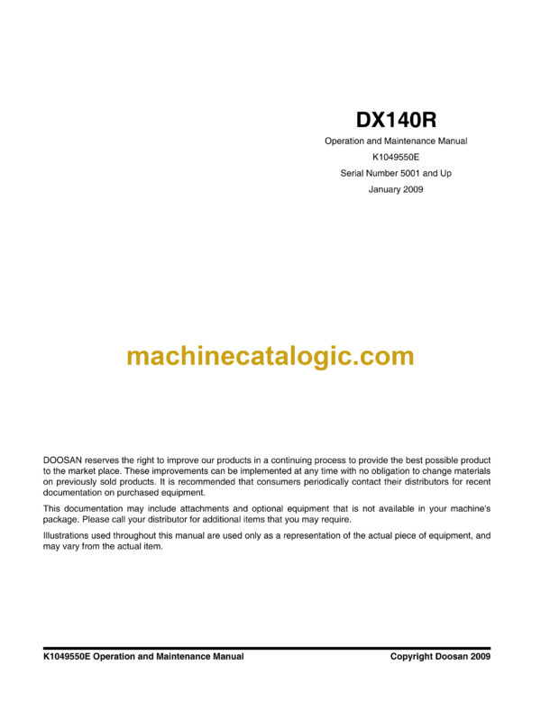 Doosan DX140R Excavator Operation and Maintenance Manual (Serial Number 5001 and Up)