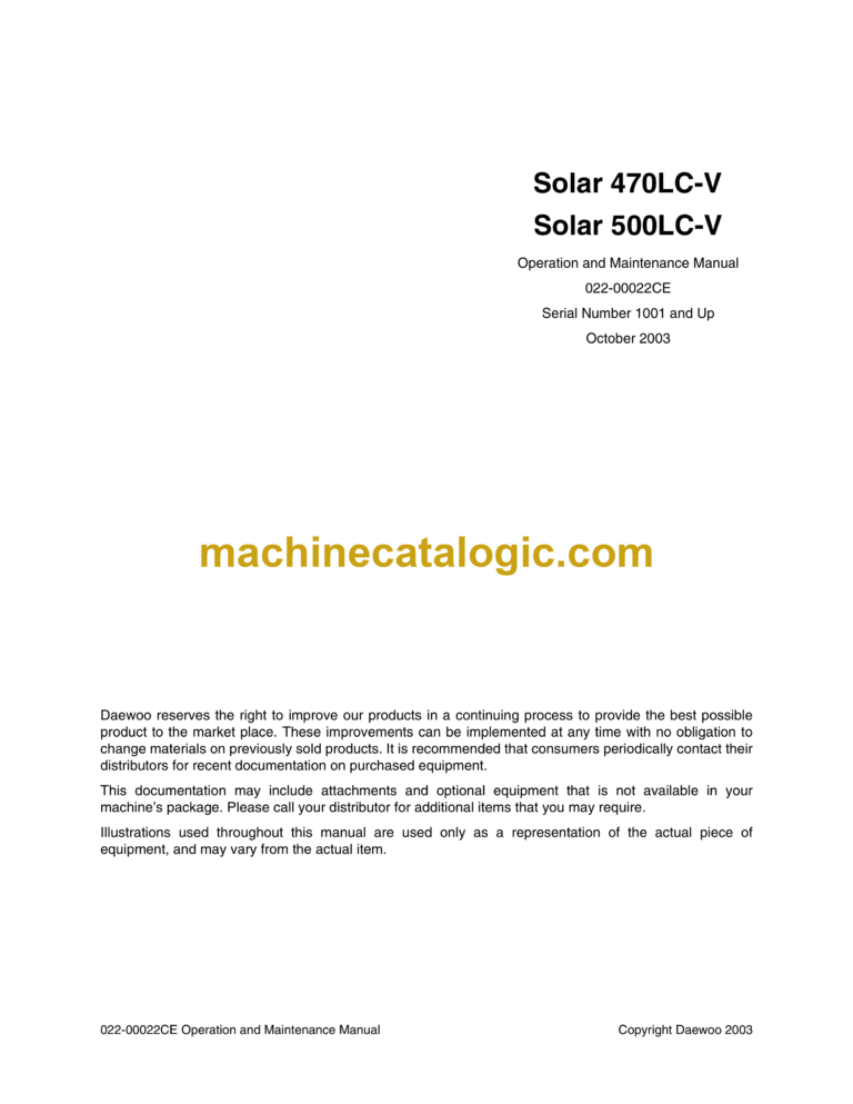 Daewoo Solar 470LC-V, Solar 500LC-V Excavator Operation and Maintenance Manual (Serial Number 1001 and Up)