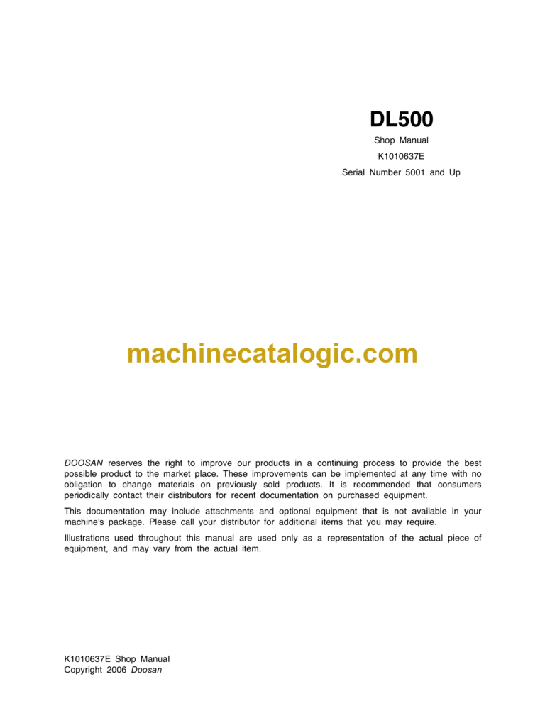 Doosan DL500 Wheel Loader Shop Manual (Serial Number 5001 and Up)