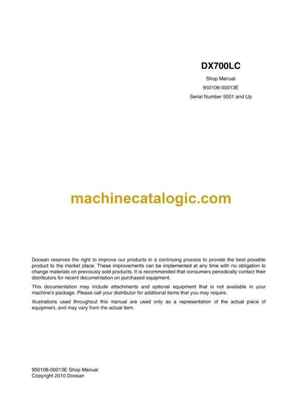 Doosan DX700 Crawler Excavator Shop Manual (950106-00013E)