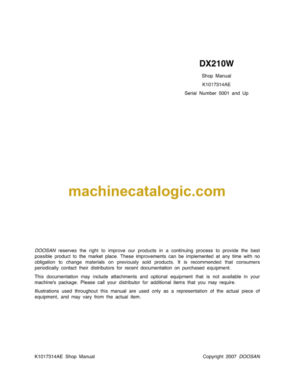 Doosan DX210W Crawler Excavator Shop Manual (Serial Number 5001 and Up)