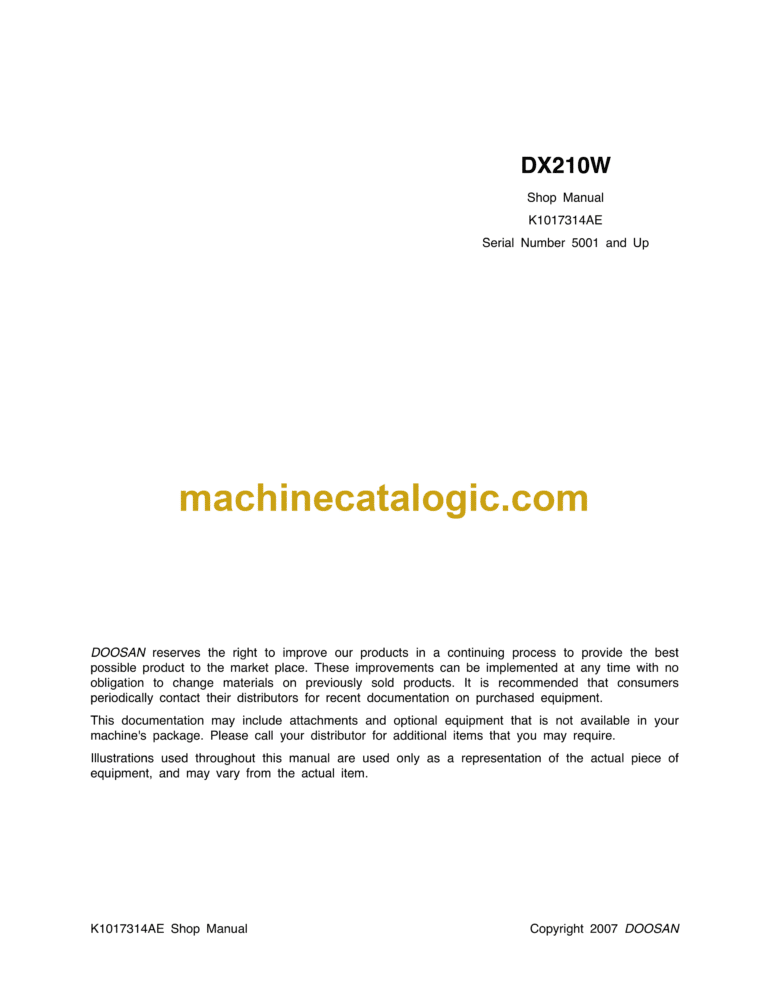 Doosan DX210W Crawler Excavator Shop Manual (Serial Number 5001 and Up)