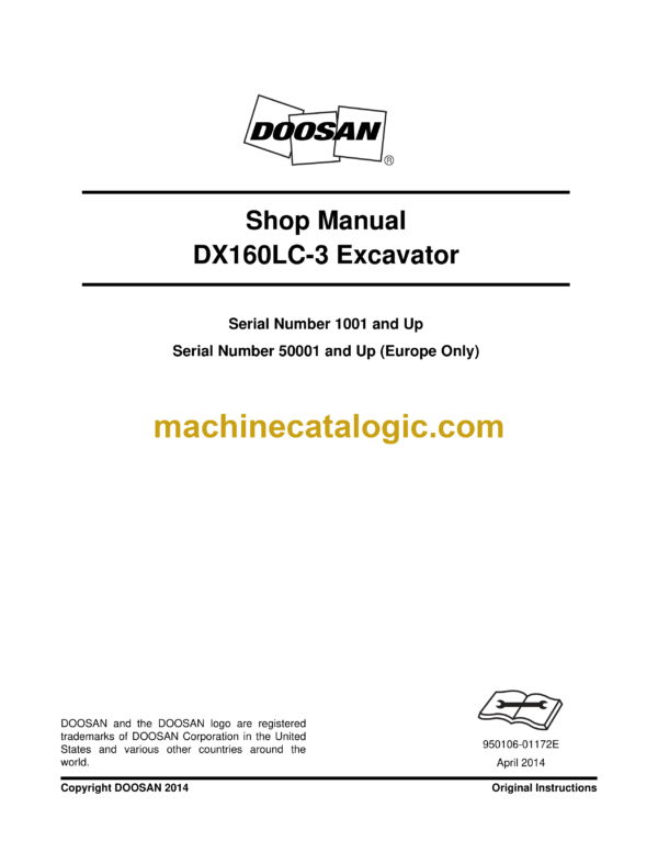 Doosan DX160LC-3 Hydraulic Excavator Shop Manual (Serial Number 1001 and Up)