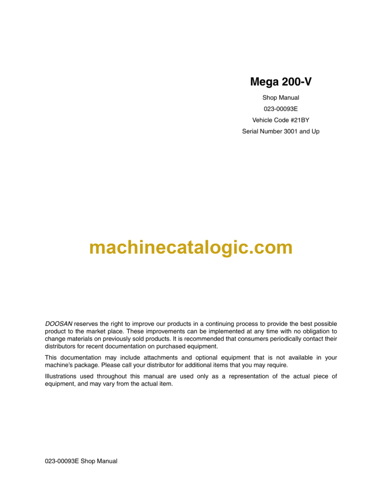 Doosan Mega 200-V Wheel Loader Shop Manual (Serial Number 3001 and Up)