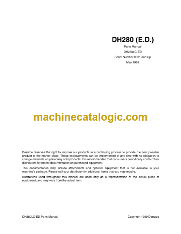 Daewoo DH280 ED Excavator Parts Manual (Serial Number 0001 and Up)