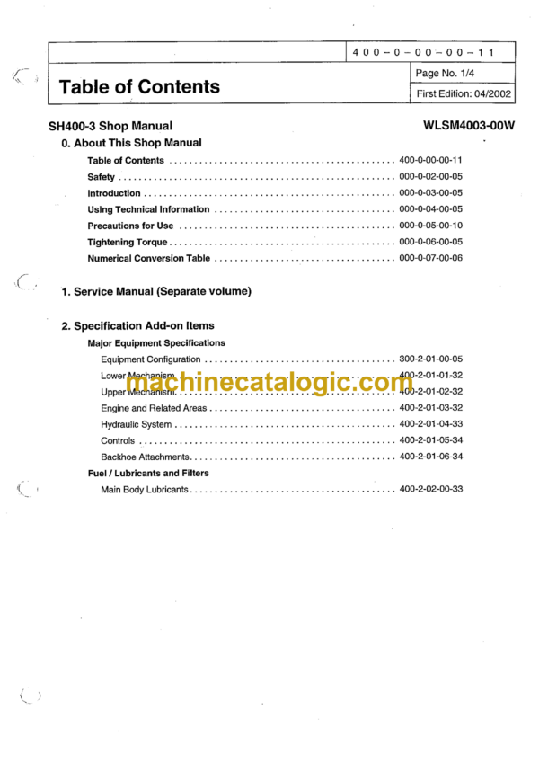 Sumitomo SH400-3 Hydraulic Excavator Shop Manual (WLSM4003-00W)
