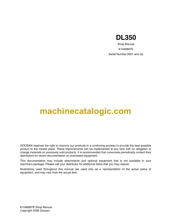 Doosan DL350 Wheel Loader Shop Manual (Serial Number 5001 and Up)