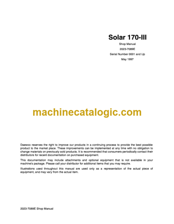 Doosan Daewoo Solar 170-3 Excavator Shop Manual (Serial Number 0001 and Up)