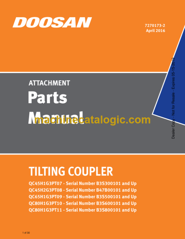 Doosan Tilting Coupler Attachment Parts Manual (Serial Number B3S300101, B47B00101, B3S500101, B3S600101, B3S800101 UP)