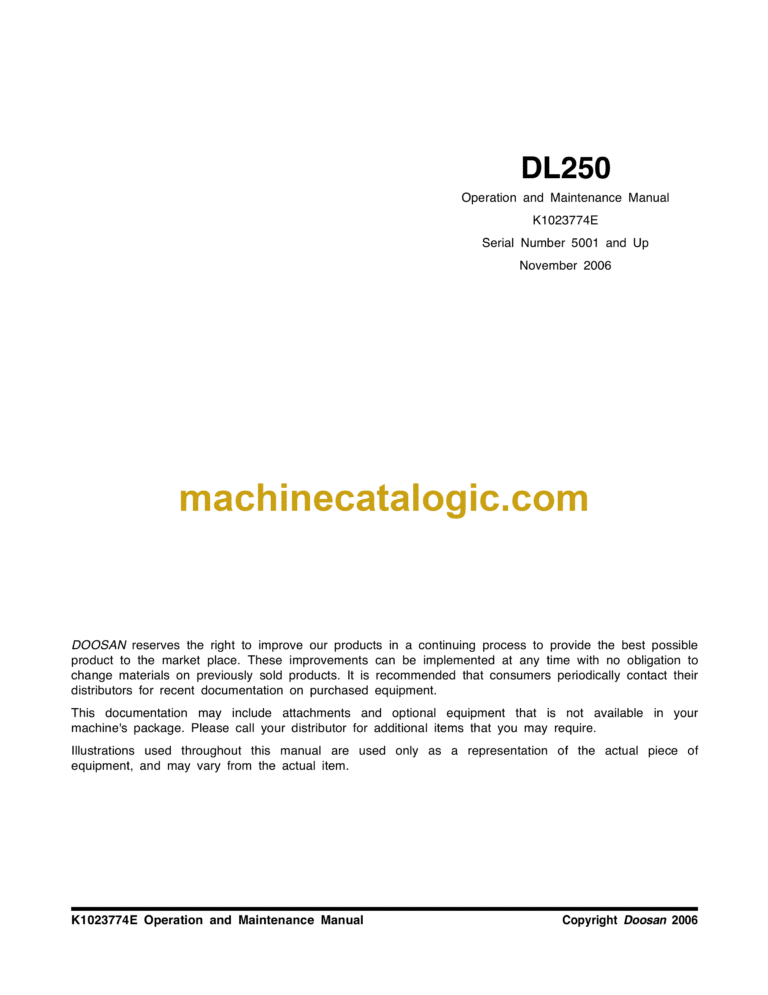 Doosan DL250 Wheel Loader Operation and Maintenance Manual (Serial Number 5001 and Up)