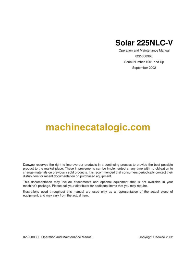Daewoo Solar 225NLC-V Excavator Operation and Maintenance Manual (Serial Number 1001 and Up)
