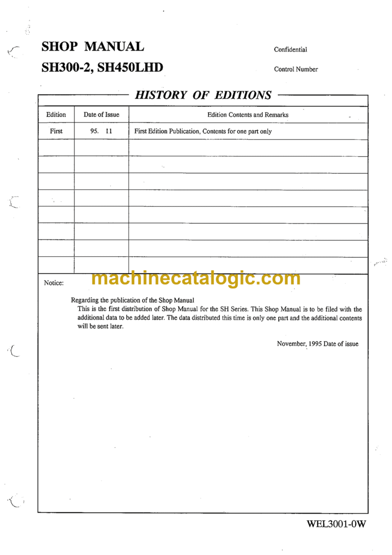 Sumitomo SH300-2, SH450LHD Hydraulic Excavator Shop Manual (WEL3001-0W)