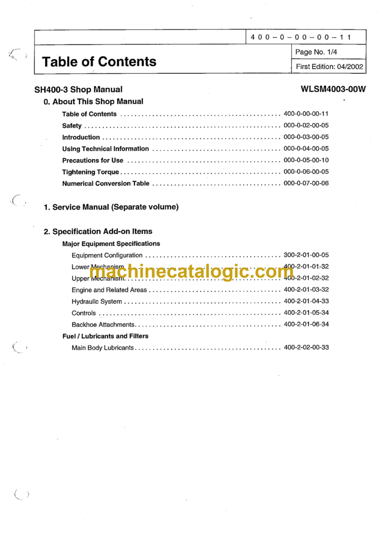 Sumitomo SH400-3, SH450HD-3 Hydraulic Excavator Shop Manual (WLSM4003-00W)