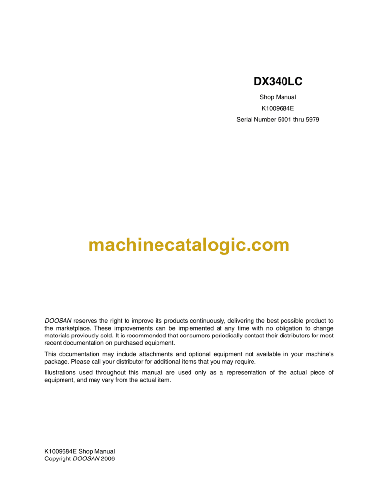 Doosan DX340LC Hydraulic Excavator Shop Manual (Serial Number 5001 thru 5979)