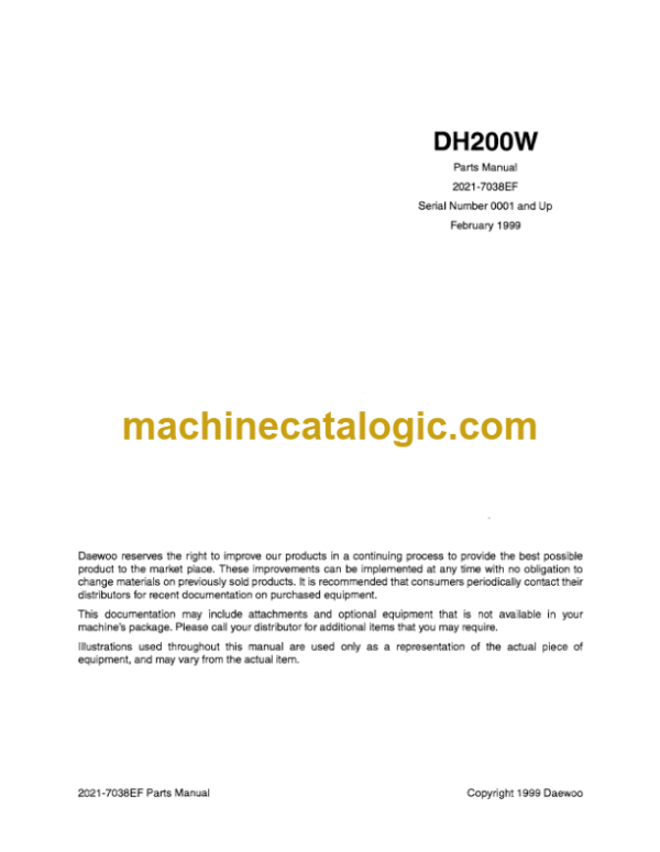 Doosan DH200W Wheeled Excavator Parts Manual (Serial Number 0001 and Up)