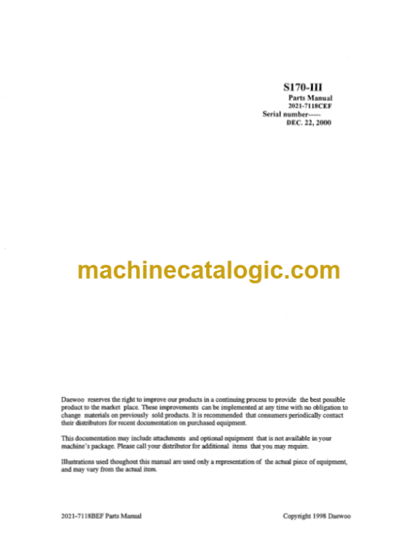 Daewoo S170-3 Excavator Parts Manual