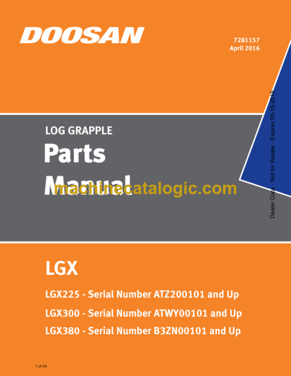 Doosan LGX Log Grapple Parts Manual (Serial Number ATZ200101, ATWY00101, B3ZN00101 UP)