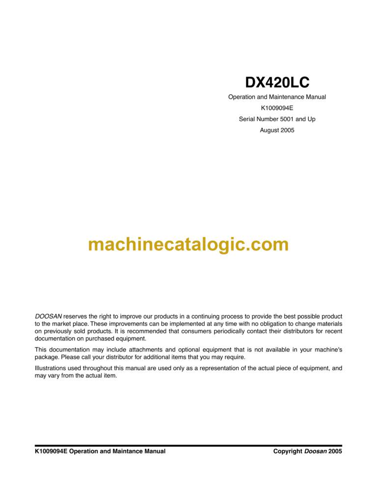 Doosan DX420LC Excavator Operation and Maintenance Manual (Serial Number 5001 and Up)