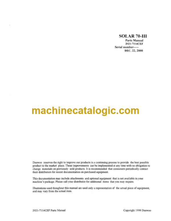 Daewoo Solar 70-3 Excavator Parts Manual