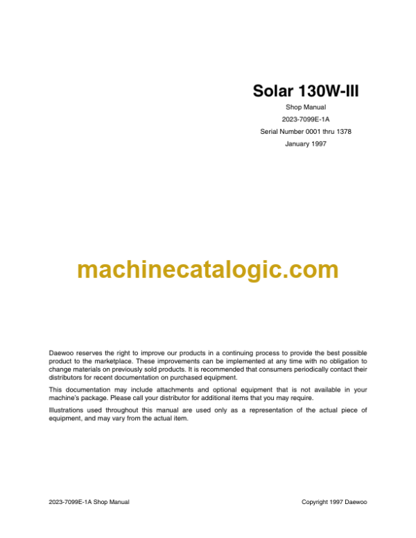 Doosan Daewoo Solar 130W-3 Wheel Excavator Shop Manual (Serial Number 0001 thru 1378)