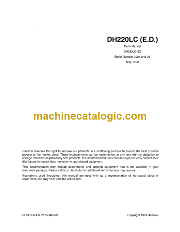 Daewoo DH220LC ED Excavator Parts Manual (Serial Number 0001 and Up)