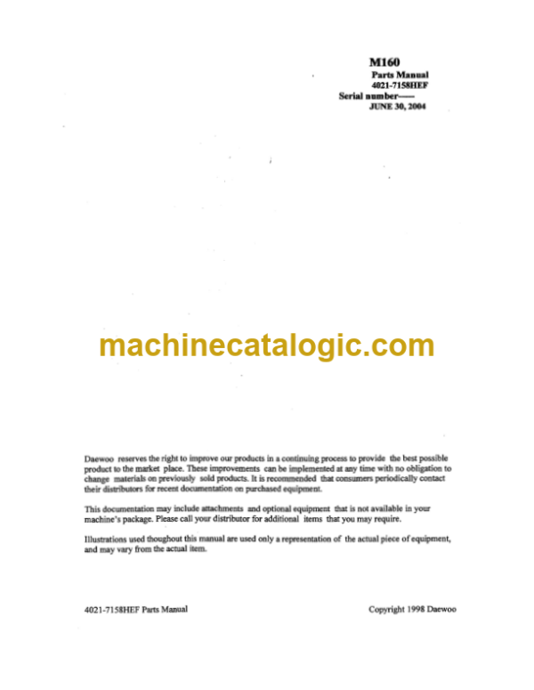 Doosan M160 Wheel Loader Parts Manual