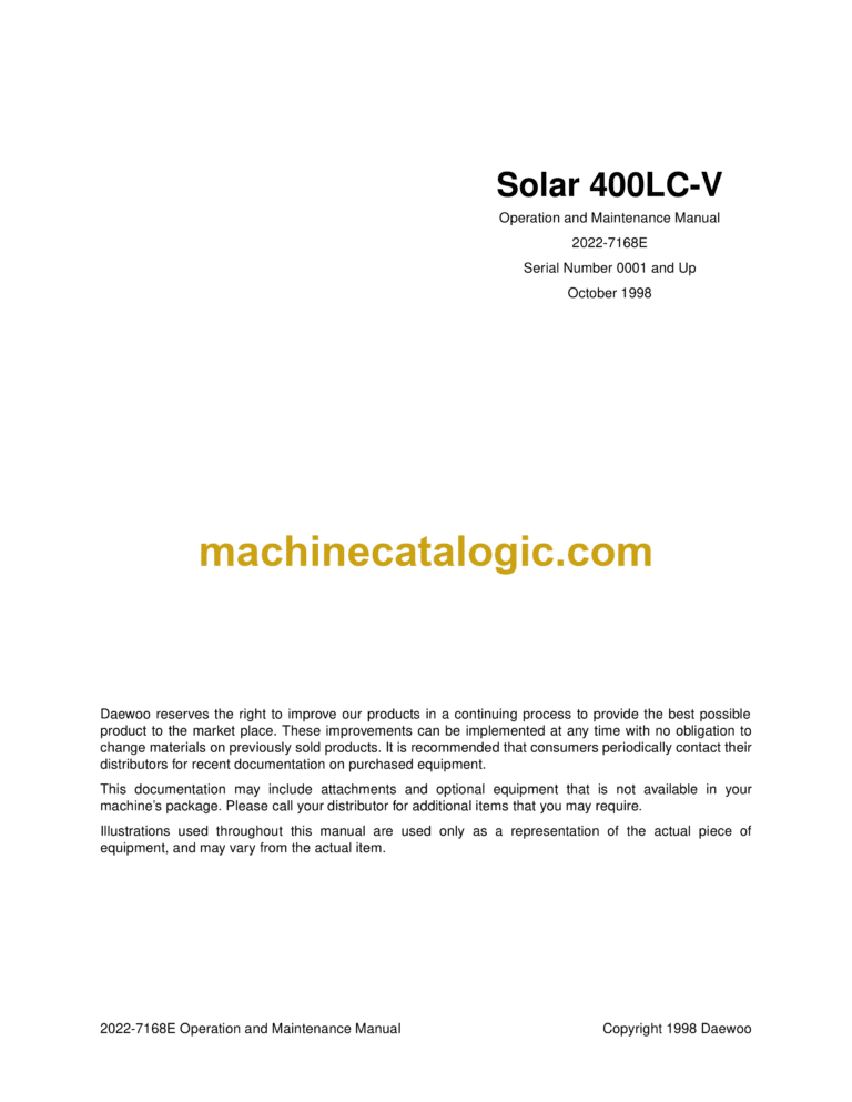 Daewoo Solar 400LC-V Excavator Operation and Maintenance Manual (Serial Number 0001 and Up)