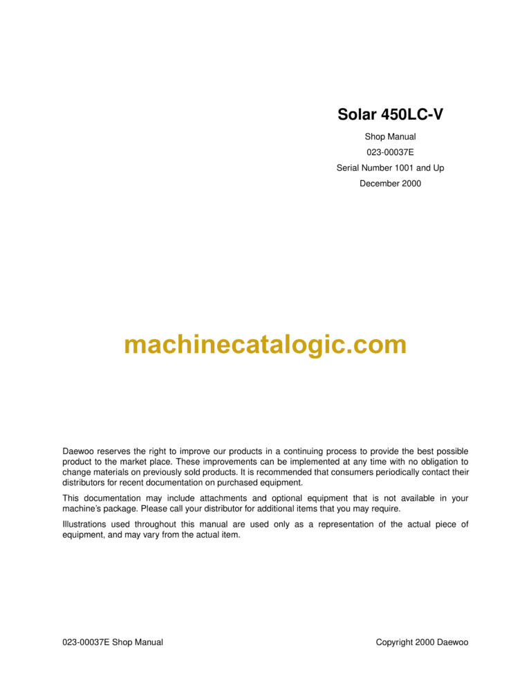 Doosan Solar 450LC-V Excavator Shop Manual (Serial Number 1001 and Up)