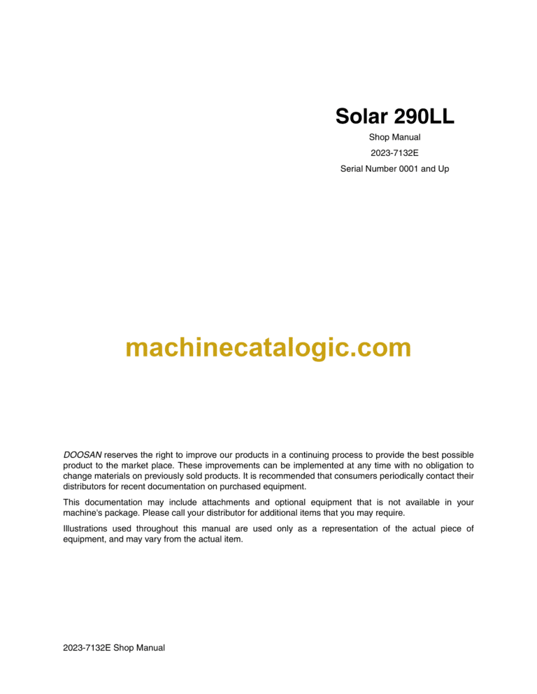 Doosan Solar 290LL Excavator Shop Manual (Serial Number 0001 and Up)