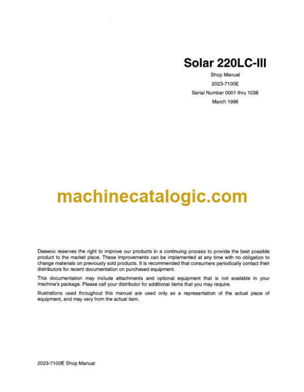 Doosan Daewoo Solar 220LC-3 Excavator Shop Manual (Serial Number 0001 thru 1038)