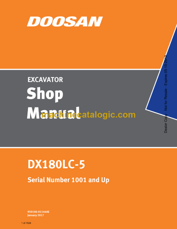 Doosan DX180LC-5 Hydraulic Excavator Shop Manual (Serial Number 1001 and Up)