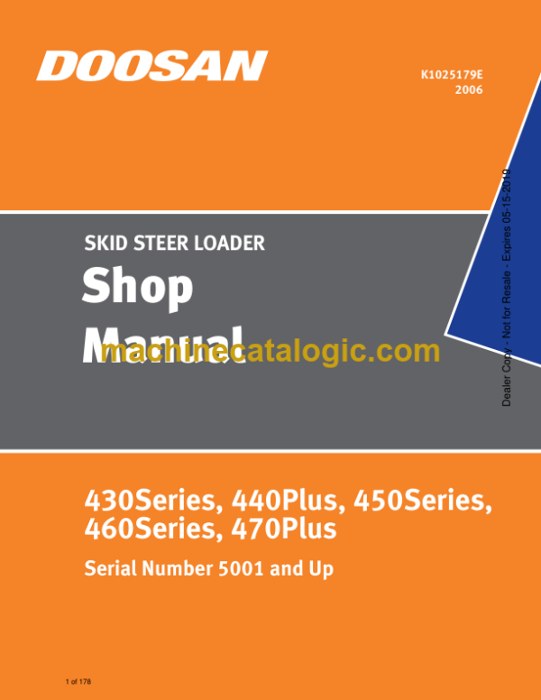 Doosan 430 Series, 440 Plus, 450 Series, 460 Series, 470 Plus Skid Steer Loader Shop Manual (Serial Number 5001 and Up)