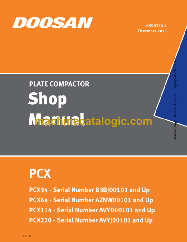 Doosan PCX34, PCX64, PCX114, PCX220 Plate Compactor Shop Manual (B3BJ00101, AZNW00101, AVYD00101, AVYJ00101)