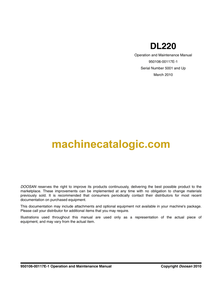 Doosan DL220 Wheel Loader Operation and Maintenance Manual (Serial Number 5001 and Up)