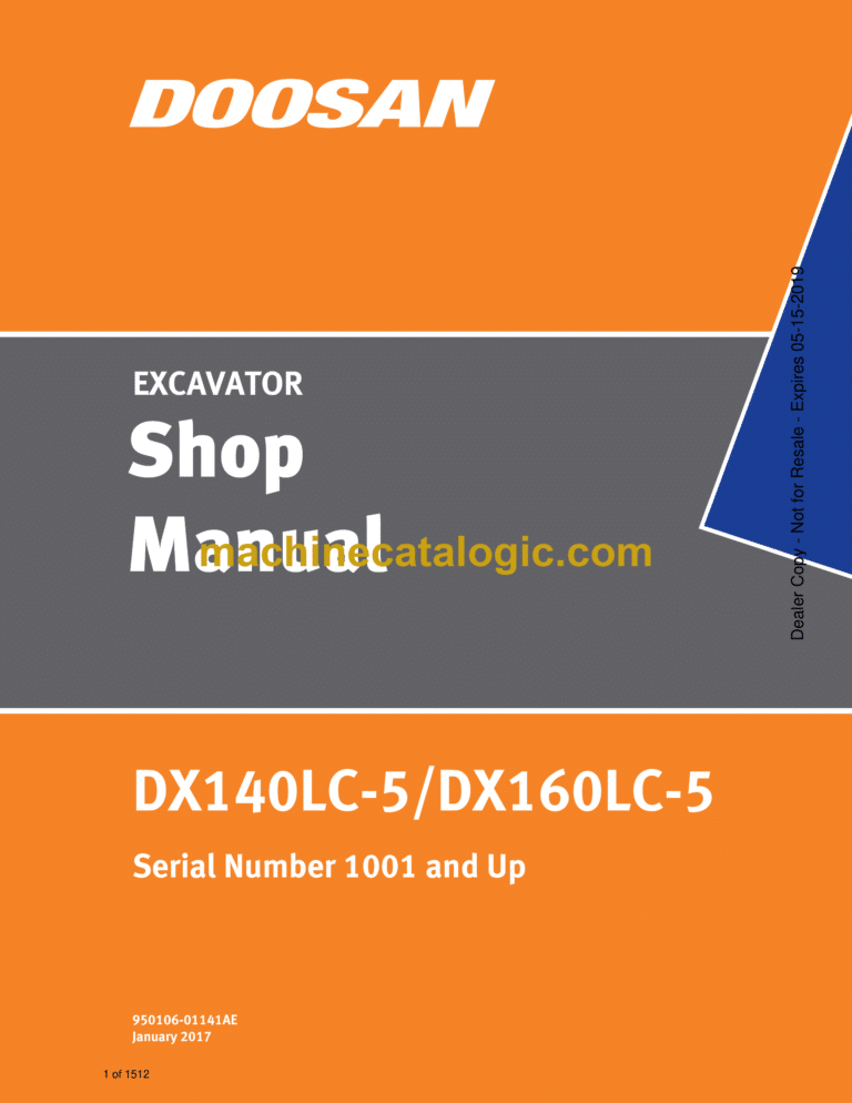 Doosan DX140LC-5, DX160LC-5 Hydraulic Excavator Shop Manual (Serial Number 1001 and Up)