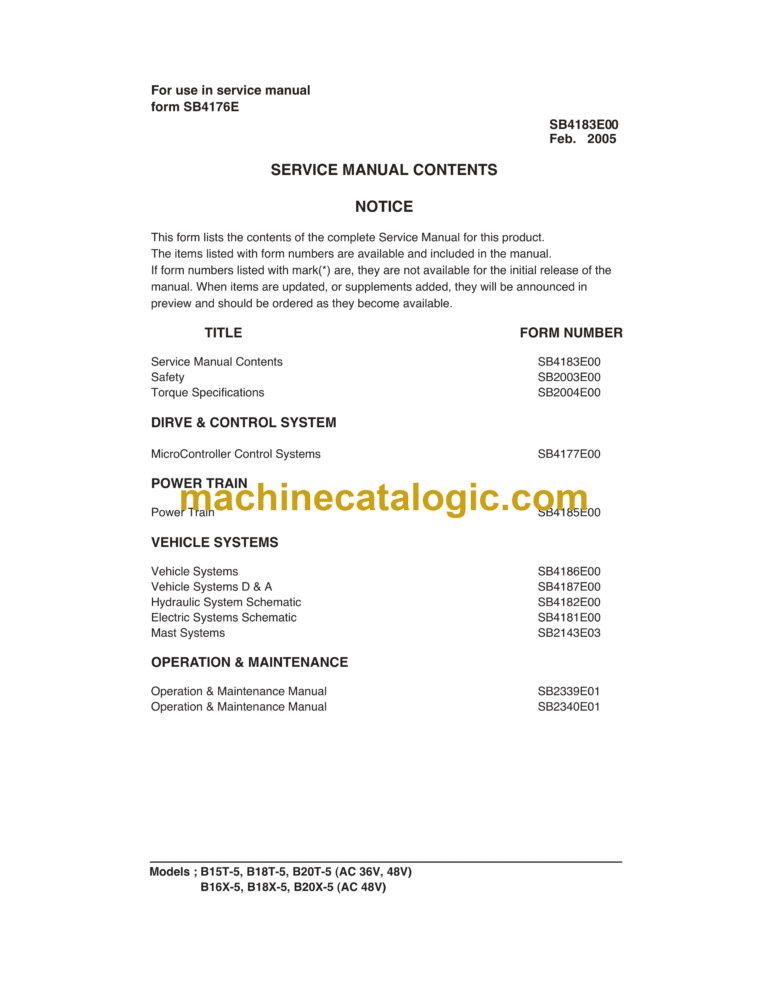 Daewoo B15T-5, B18T-5, B20T-5 (AC 36V, 48V) B16X-5, B18X-5, B20X-5 (AC 48V) Lift Truck Service Manual