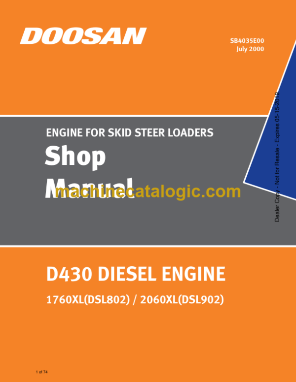 Doosan D430 Diesel Engine Skid Steer Loaders Shop Manual (SB4035E00)