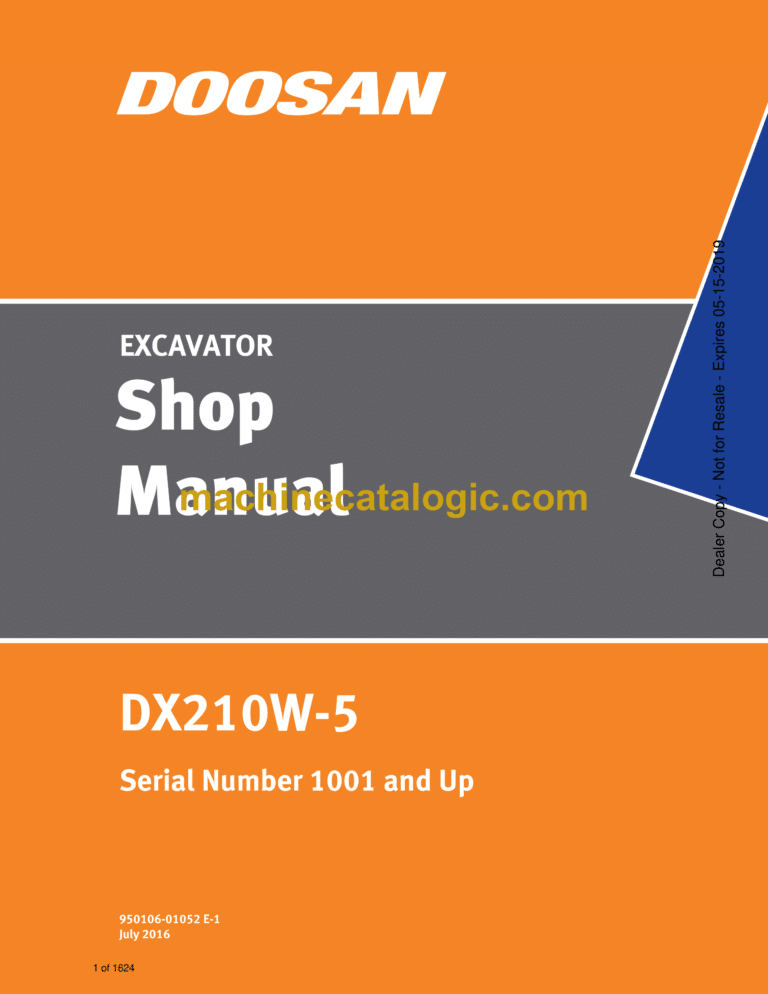 Doosan DX210W-5 Wheeled Excavator Shop Manual (Serial Number 1001 and Up)