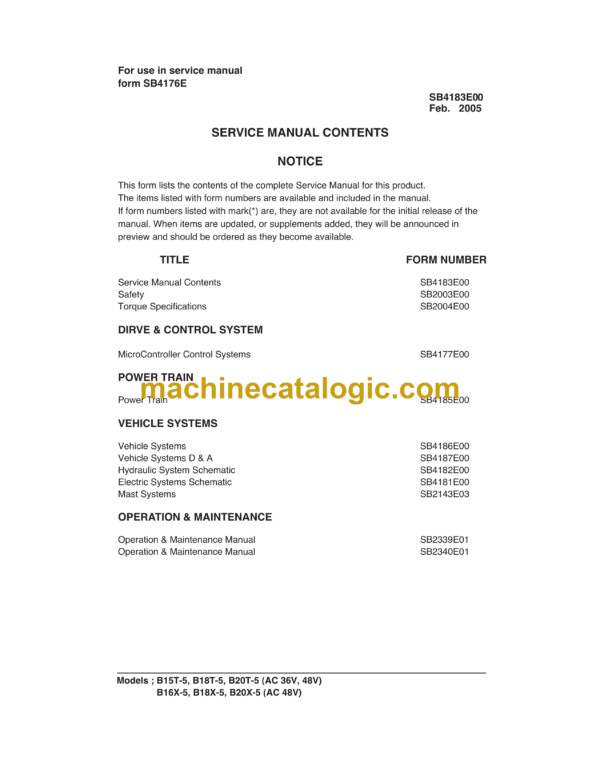 Doosan B15T-5, B18T-5, B20T-5 AC 36V, 48V; B16X-5, B18X-5, B20X-5 AC 48V Forklift Service Manual (SB4183E00)