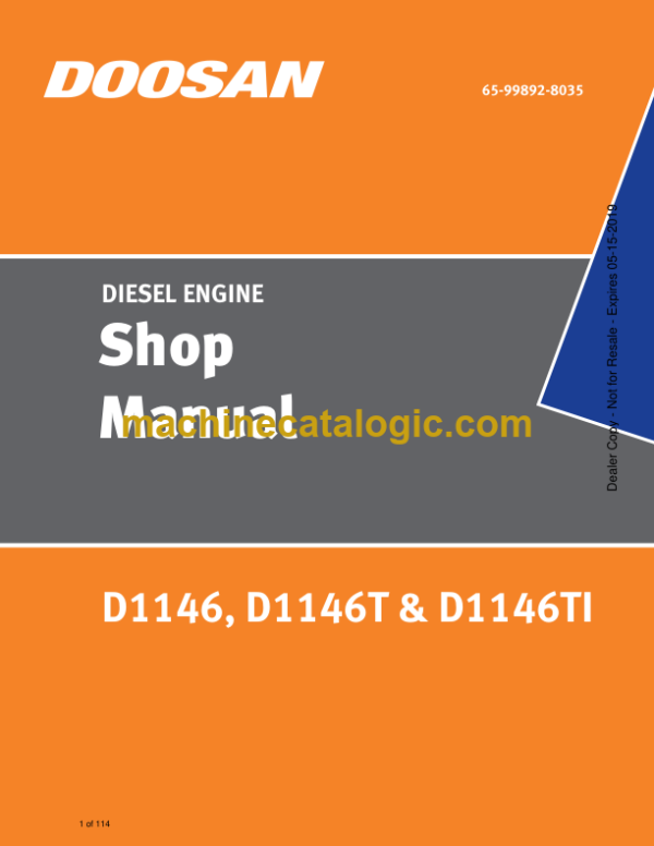 Doosan D1146, D1146T, D1146TI Diesel Engine Shop Manual (65-99892-8035)