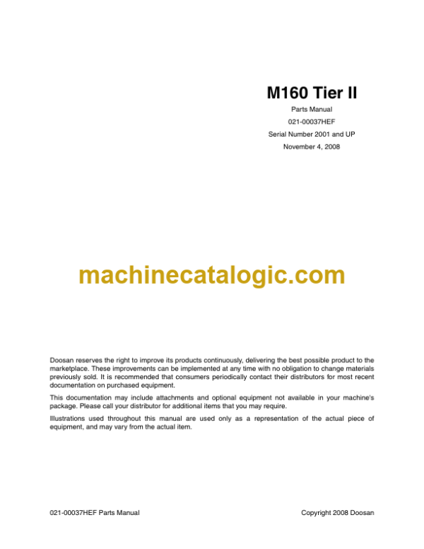 Doosan M160 Wheel Loader Tier 2 Parts Manual (Serial Number 2001 and UP)