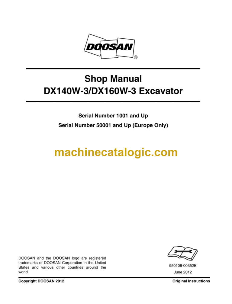 Doosan DX140W-3, DX160W-3 Wheeled Excavator Shop Manual (Serial Number 1001 and Up)