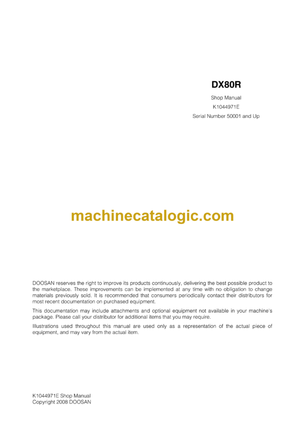 Doosan DX80R Crawler Excavator Shop Manual (Serial Number 50001 and Up)