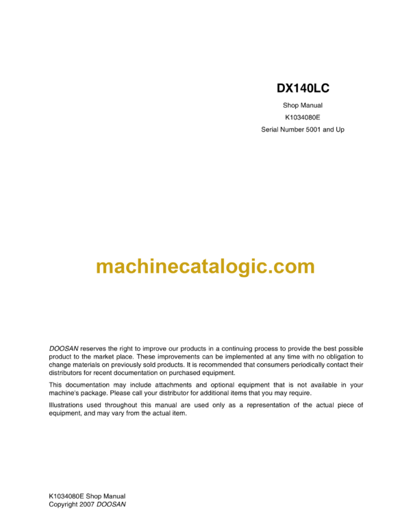 Doosan DX140LC Crawler Excavator Shop Manual (Serial Number 5001 and Up)
