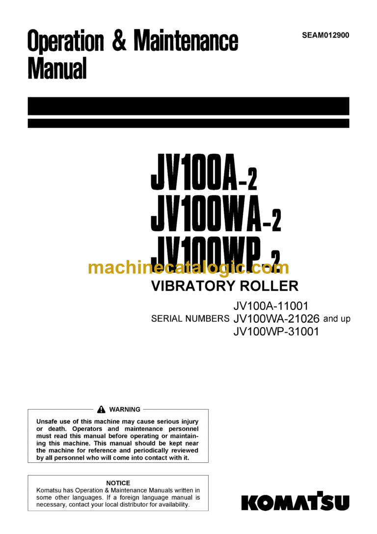 Komatsu JV100A-2, JV100WA-2, JV100WP-2 Vibratory Roller Operation and Maintenance Manual (SEAM012900)