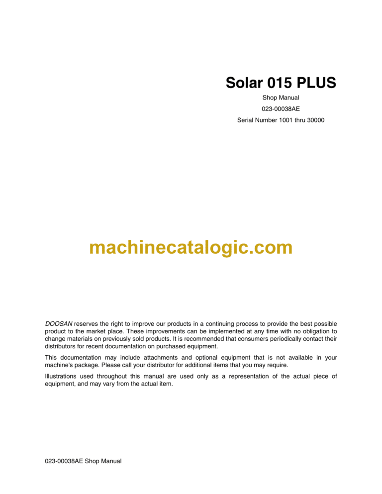 Doosan Solar 015 Excavator Shop Manual (Serial Number 1001 thru 30000)