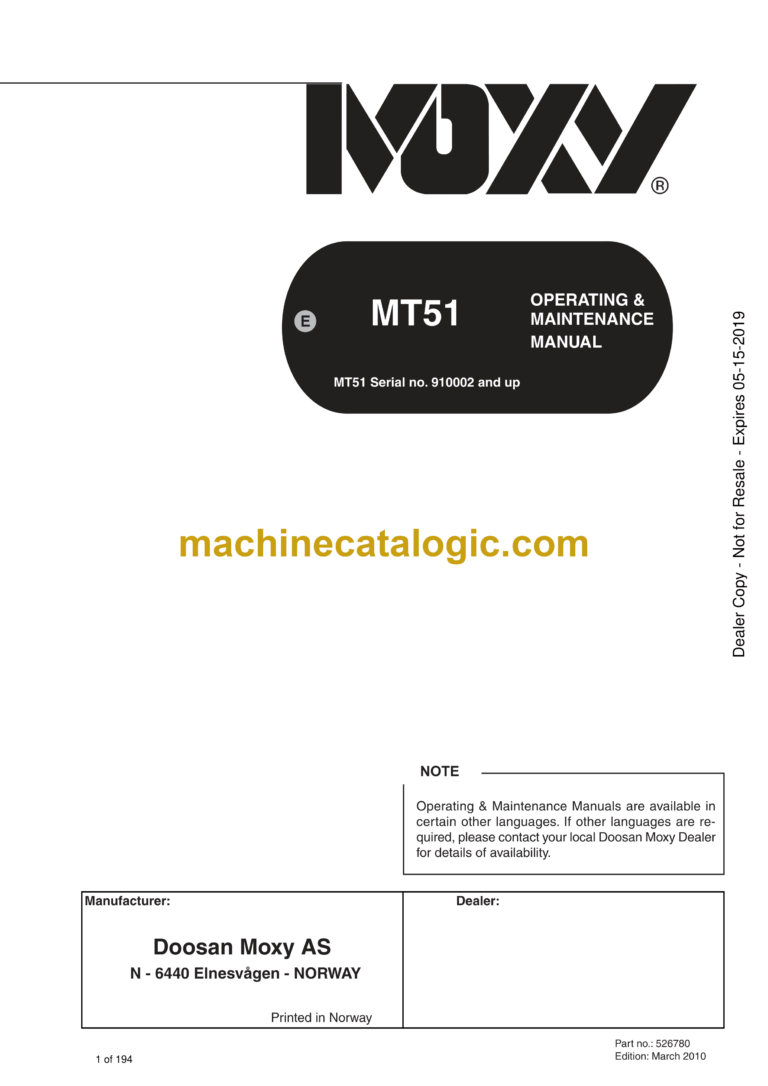Doosan MT51 Articulated Dump Truck Operation and Maintenance Manual (Serial no. 910002 and up)