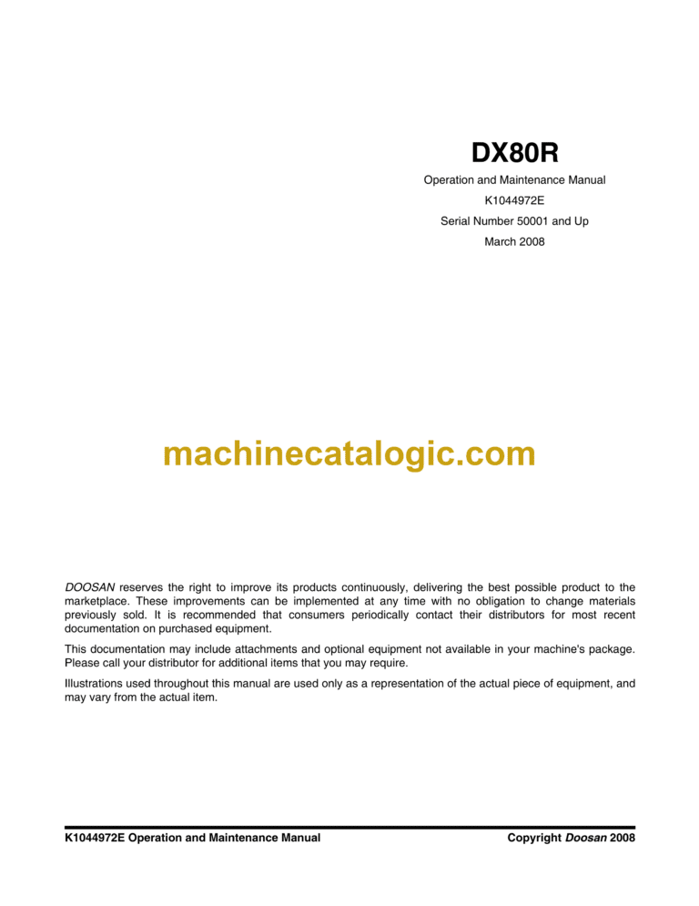 Doosan DX80R Excavator Operation and Maintenance Manual (Serial Number 50001 and Up)